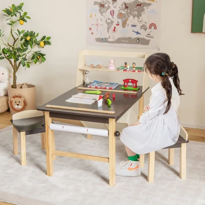 Costway Kids Art Table & Chairs Set Wooden Drawing Desk With Paper Roll Storage Shelf Bins 3 Costway Kids Art Table & Chairs Set Wooden Drawing Desk With Paper Roll Storage Shelf Bins