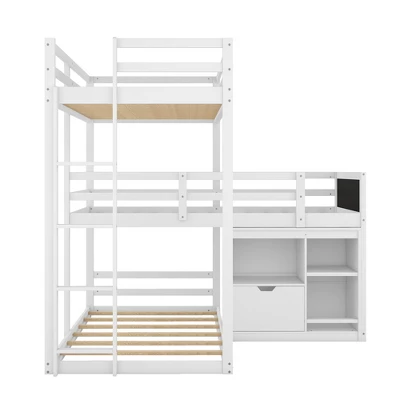 Twin Size L-shaped Wood Triple Bunk Bed With Storage Cabinet, Ladder And Blackboard-ModernLuxe 6 Twin Size L-shaped Wood Triple Bunk Bed With Storage Cabinet, Ladder And Blackboard-ModernLuxe - Image 4