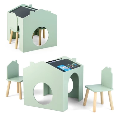 Costway 3 Piece Kids Wooden Table And Chair Set With Blackboard For Drawing Reading Green/Gray/White 12 Costway 3 Piece Kids Wooden Table And Chair Set With Blackboard For Drawing Reading Green/Gray/White - Image 10