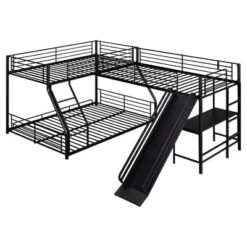 L-Shaped Twin Over Full Bunk Bed With Twin Size Loft Bed,Built-in Desk And Slide, Black - ModernLuxe 12 L-Shaped Twin Over Full Bunk Bed With Twin Size Loft Bed,Built-in Desk And Slide, Black - ModernLuxe -Roommates Store GUEST 5d602d18 818e 4461 aee0 82a211608b4d