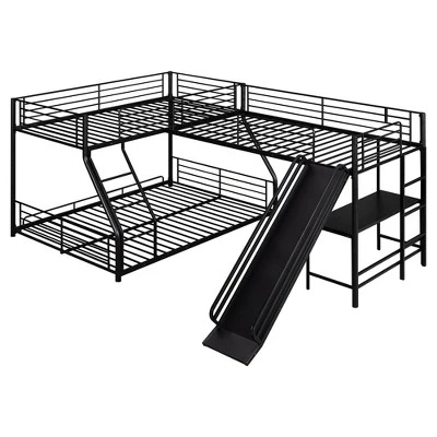 L-Shaped Twin Over Full Bunk Bed With Twin Size Loft Bed,Built-in Desk And Slide, Black - ModernLuxe 6 L-Shaped Twin Over Full Bunk Bed With Twin Size Loft Bed,Built-in Desk And Slide, Black - ModernLuxe - Image 4