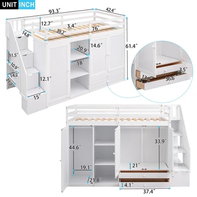 Functional Twin Loft Bed With 3 Shelves, 2 Wardrobes, 2 Drawers And Ladder With Storage-ModernLuxe 4 Functional Twin Loft Bed With 3 Shelves, 2 Wardrobes, 2 Drawers And Ladder With Storage-ModernLuxe - Image 2