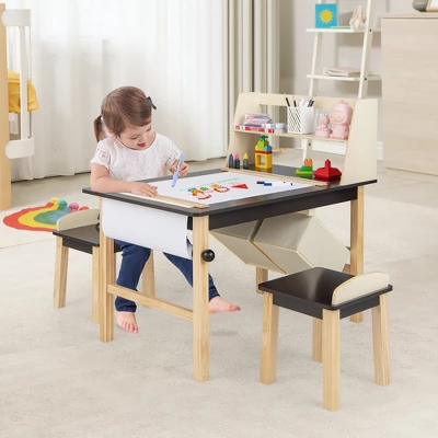 Costway Kids Art Table & Chairs Set Wooden Drawing Desk With Paper Roll Storage Shelf Bins 5 Costway Kids Art Table & Chairs Set Wooden Drawing Desk With Paper Roll Storage Shelf Bins - Image 3