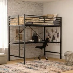 Flash Furniture Jake Metal Loft Bed Frame With Desk, Protective Guard Rails And Ladder For Kids, Teens And Adults