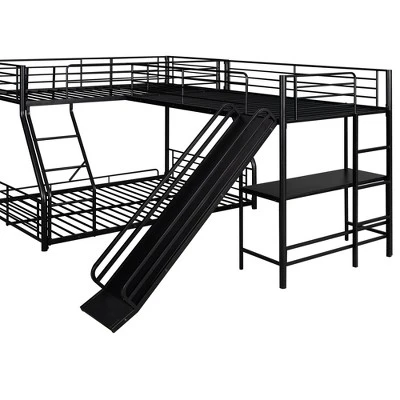 L-Shaped Twin Over Full Bunk Bed With Twin Size Loft Bed,Built-in Desk And Slide, Black - ModernLuxe 9 L-Shaped Twin Over Full Bunk Bed With Twin Size Loft Bed,Built-in Desk And Slide, Black - ModernLuxe - Image 7