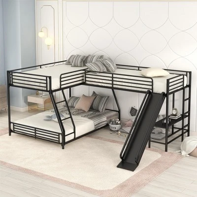 L-Shaped Twin Over Full Bunk Bed With Twin Size Loft Bed,Built-in Desk And Slide, Black - ModernLuxe 3 L-Shaped Twin Over Full Bunk Bed With Twin Size Loft Bed,Built-in Desk And Slide, Black - ModernLuxe