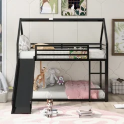 Twin Over Twin House Bunk Bed With Ladder And Slide - ModernLuxe