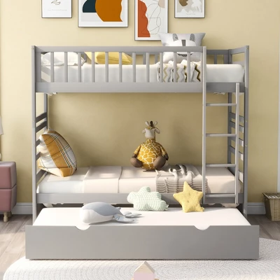 Twin Over Twin Wood Bunk Bed With Safety Rail And Movable Trundle-ModernLuxe 3 Twin Over Twin Wood Bunk Bed With Safety Rail And Movable Trundle-ModernLuxe
