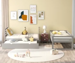 Twin Over Twin Wood Bunk Bed With Safety Rail And Movable Trundle-ModernLuxe 21 Twin Over Twin Wood Bunk Bed With Safety Rail And Movable Trundle-ModernLuxe -Roommates Store GUEST eb60f675 0434 43e8 882e f0a620639d97