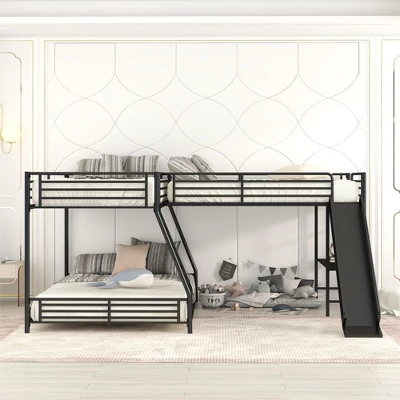 L-Shaped Twin Over Full Bunk Bed With Twin Size Loft Bed,Built-in Desk And Slide, Black - ModernLuxe 4 L-Shaped Twin Over Full Bunk Bed With Twin Size Loft Bed,Built-in Desk And Slide, Black - ModernLuxe - Image 2