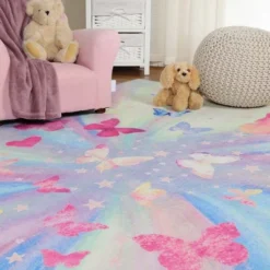 Butterfly Colorful Kids Playroom Nursery Washable Indoor Area Rug By Blue Nile Mills -Roommates Store GUEST f412a38a a2b5 4d57 b0dd 223630649e1c